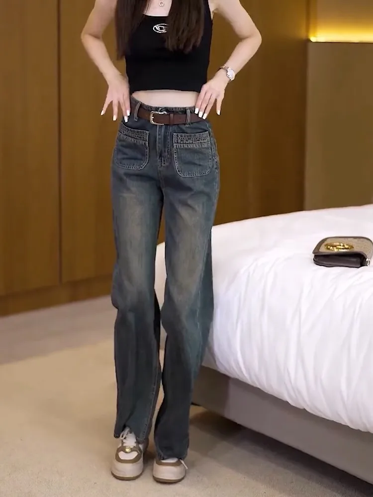 

High Waist Wide Leg Blue Grey Denim Jeans Women's Fashion Design Short plus Size Straight Cut Trousers Autumn Seasonal