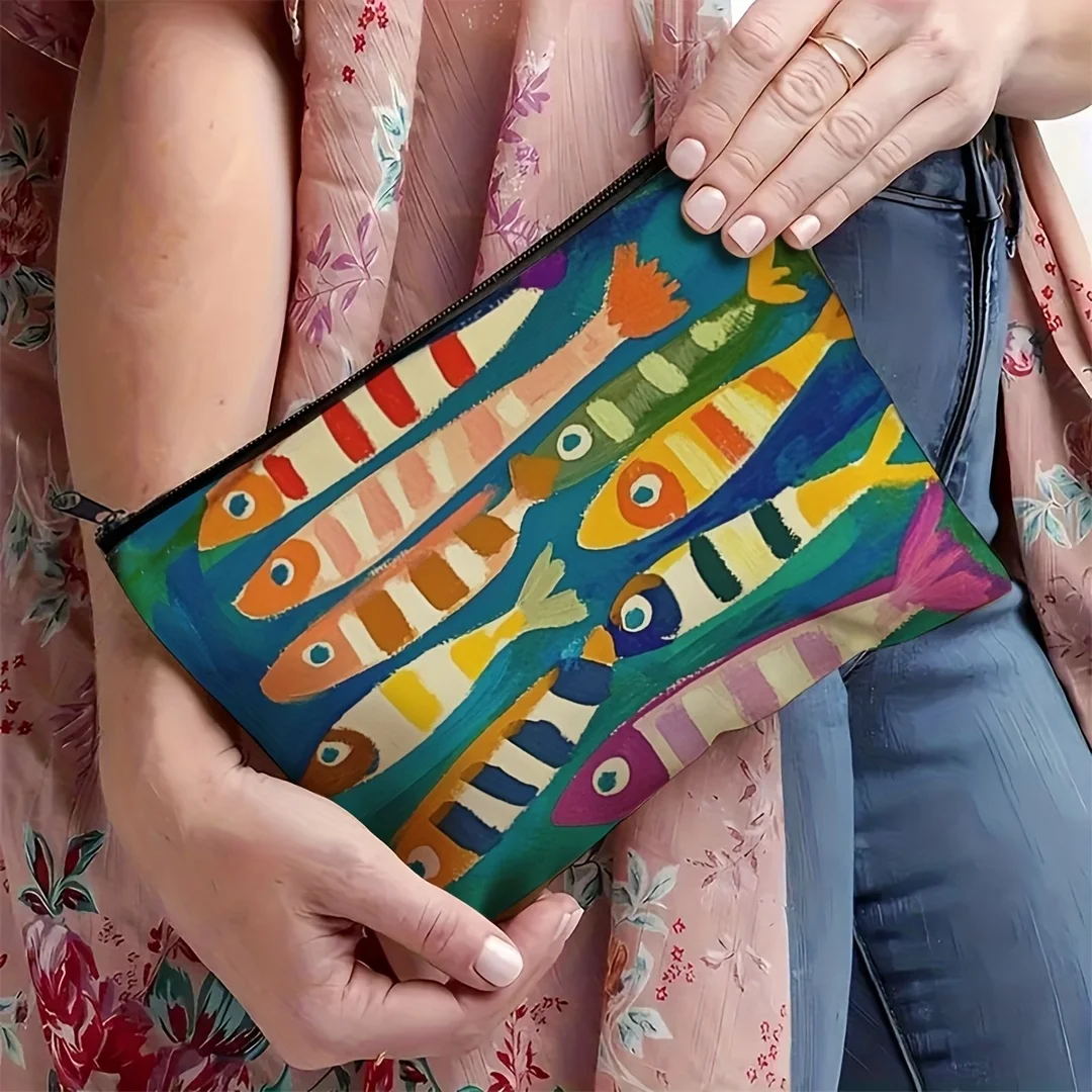 1pc Vintage Sardines Pattern Makeup Bag - Vibrant Mixed Colors, Durable Fabric Travel Makeup Storage Bag