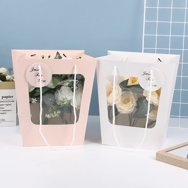 Trapez fenster Einkaufstasche Puppen strauß Verpackung Geschenk Papiertüte Blume Topfpflanze Papiertüte transparente Blume Einkaufstasche