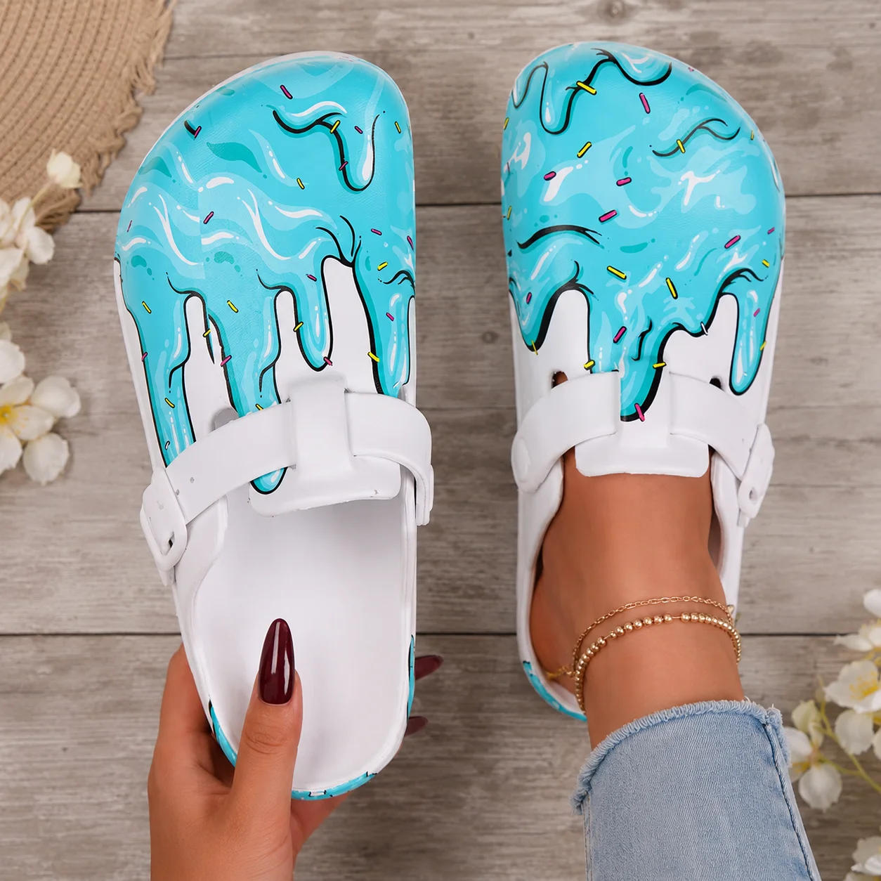 Women's EVA Mules Colorful Drip Print Closed Toe Slip On Shoes with Adjustable Buckle for Casual Everyday Wear
