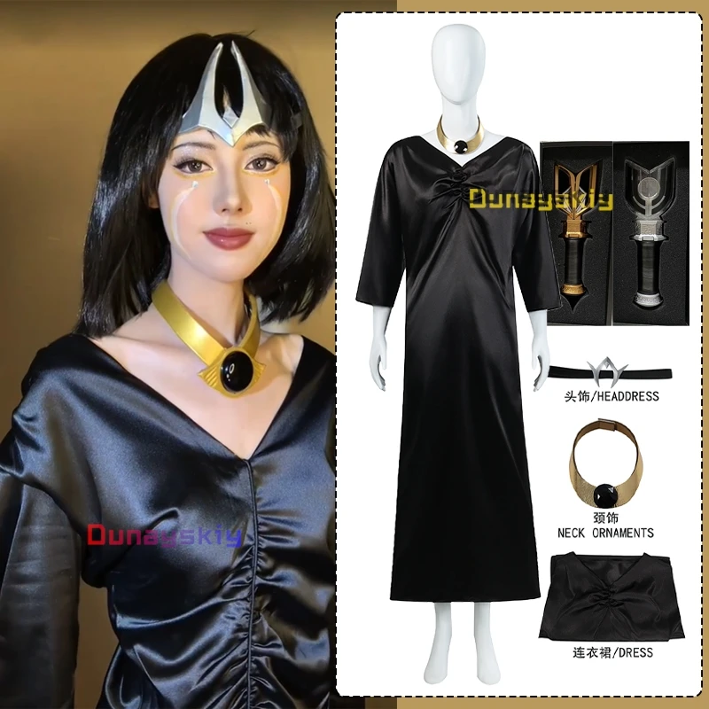 

Anime Camearra Cosplay Costume Black V Neck Slim Long Dress Necklace Headdress Walking Stick Accessory Role-playing Party Suit