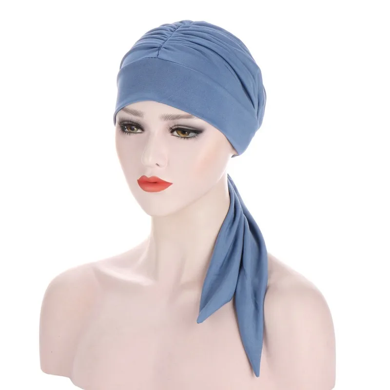 Solid Long Tail Bow Turban Hat Elastic Headwrap Scarf Beanies Hat India African Headband Muslim Hijab Ladies Night Cap