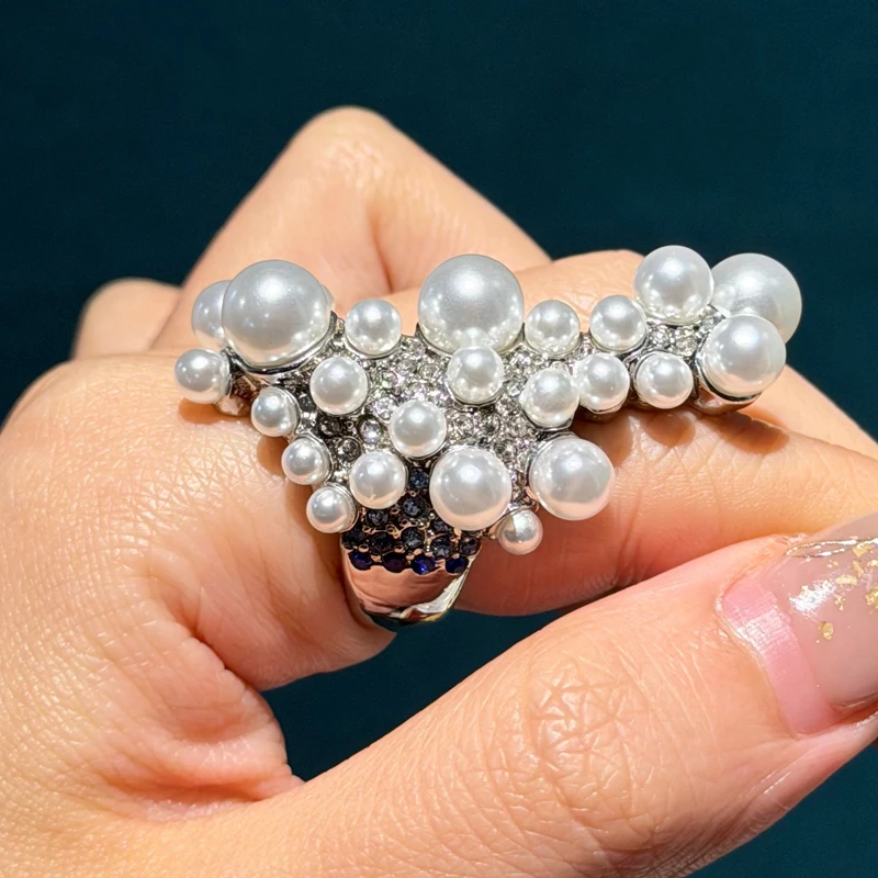 

Vintage Pearl Engagement Blue Rings For Women Silver Color Rhinestone Adjustable Luxury Jewelry Trends 2026 High Quality Wedding