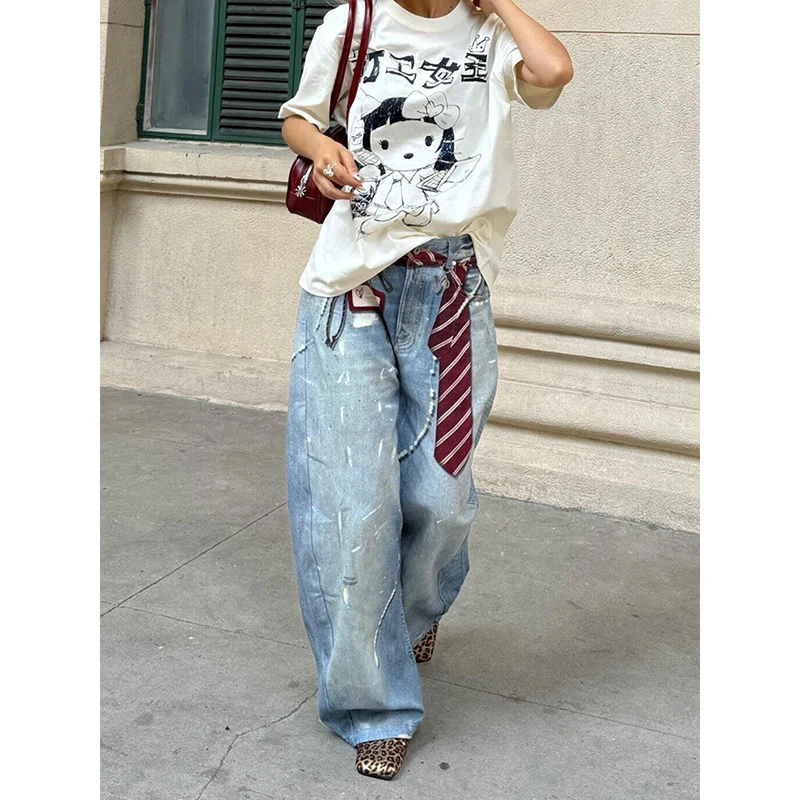 ZHIZOU Donna Blu Y2k Jeans larghi Harajuku VintageBent Coltello Denim Pantaloni Estetici Stile anni 2000 Jeans Pantaloni Abiti oversize