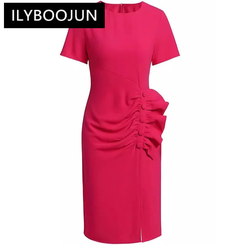 

ILYBOOJUN Fashion Designer Women's New Round Neck Short-Sleeved Button Draped Hip Wrap Slim-Fit Pencil Office Lady MIDI Dress