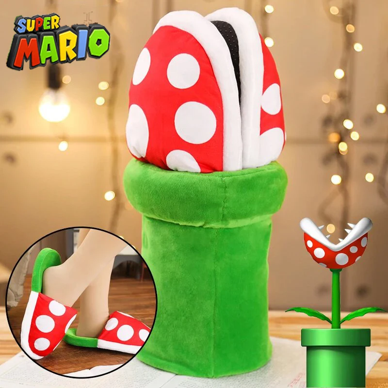 

Super Mario Piranha Flower Slippers Set Cute Piranha Plant Image Plush Warm Non-slip Home Cotton Shoes Creative Party