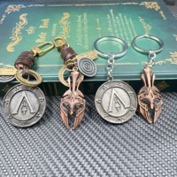 Hot Game AC Assassin Spartan Leather Mask Keychain For Women Men Odyssey All Metal Spear of Leonidas Pendant Keyring Trinket