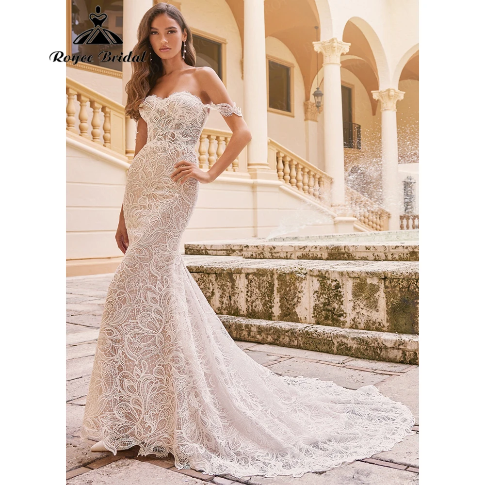 

Roycebridal champagne Sweetheart Neck Full Lace Mermaid Wedding Dress Off The Shoulder Court Train 2025 Customized suknia ślubna