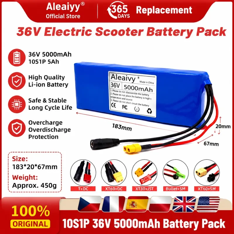 Aleaivy 36V 5000mAh 10S1P 18650 Lithium Ion Battery Pack 250W 20A BMS for Electric Bicycle Scooter