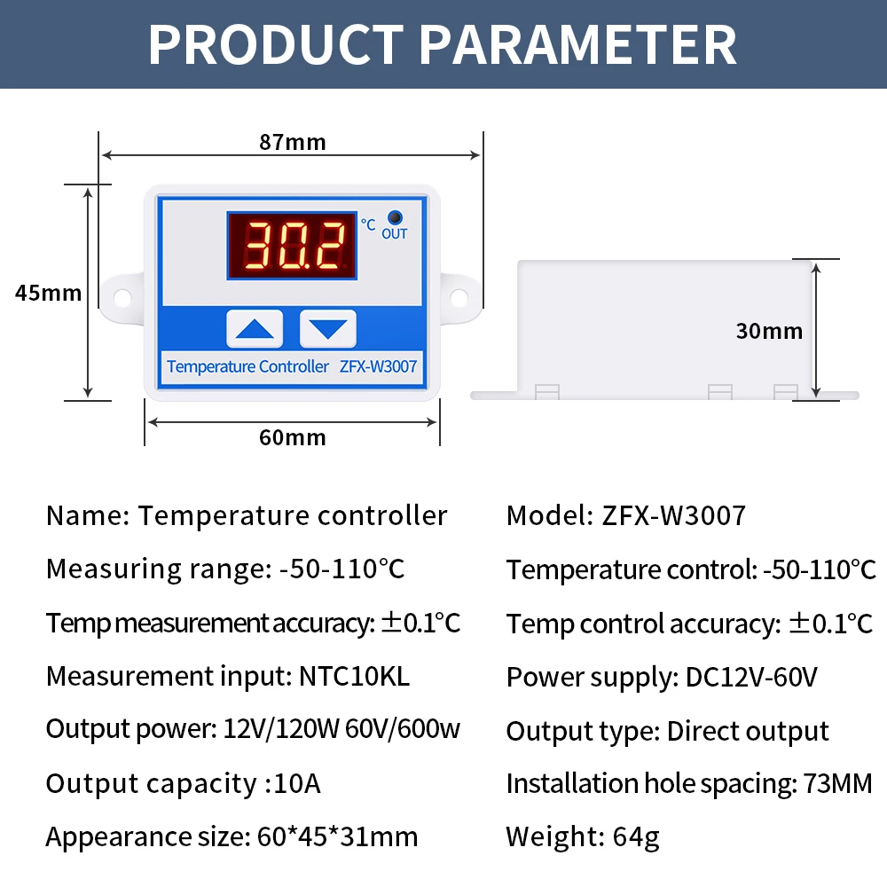 W3007 Digital Temperature Controller  Microcomputer Thermostat DC12V/60V with Sensor Probe Heat Cool Temp Control Switch