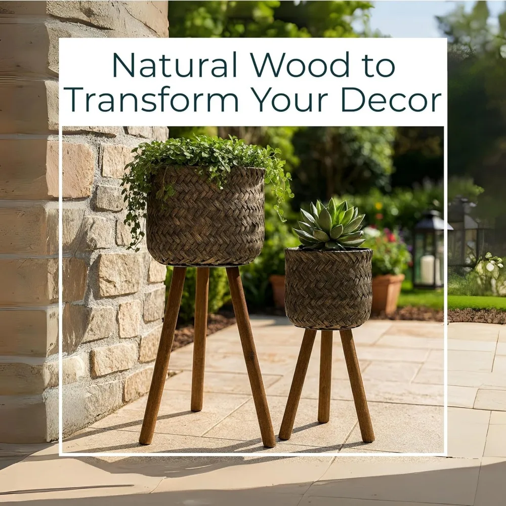 Набор из 2 плетеных горшков ручной работы с подставками — коричневый декор для дома и улицы в деревенском стиле, 19 дюймов и 23 дюйма.