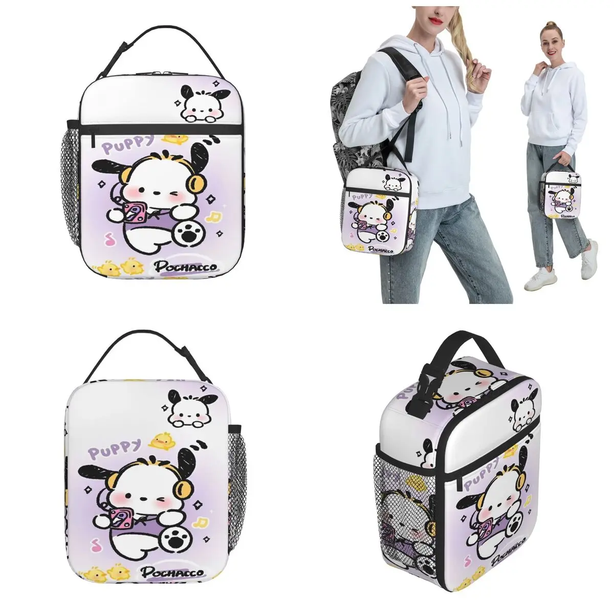 حقيبة غداء معزولة من Pochacco Sanrio Merch لحقيبة تخزين المواد الغذائية المكتبية، صندوق غداء حراري مبرد قابل لإعادة الاستخدام