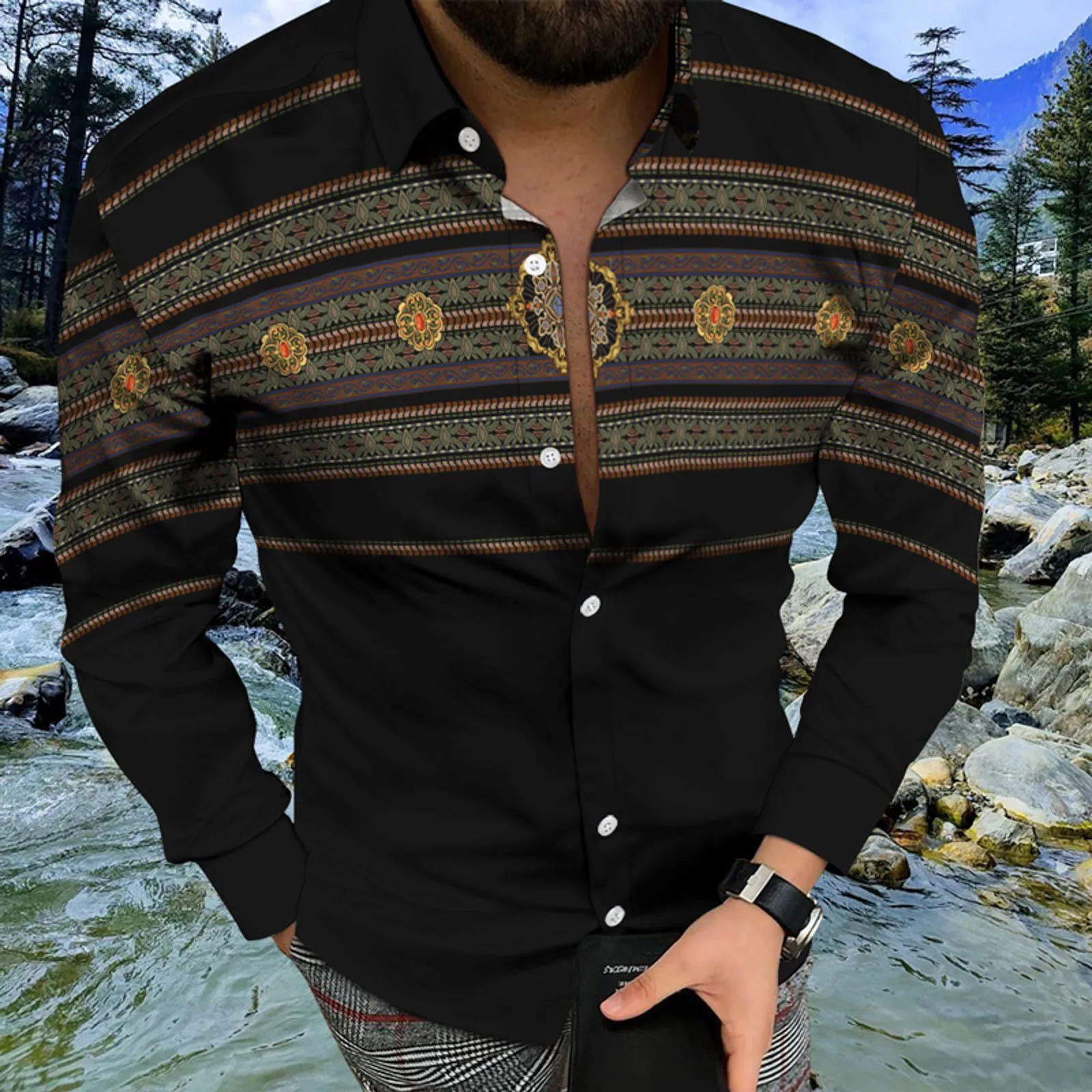 Social Fashion Men Shirts Casual  Buttoned Shirt Aztec Ethnic Print Long Sleeve Tops Blouses