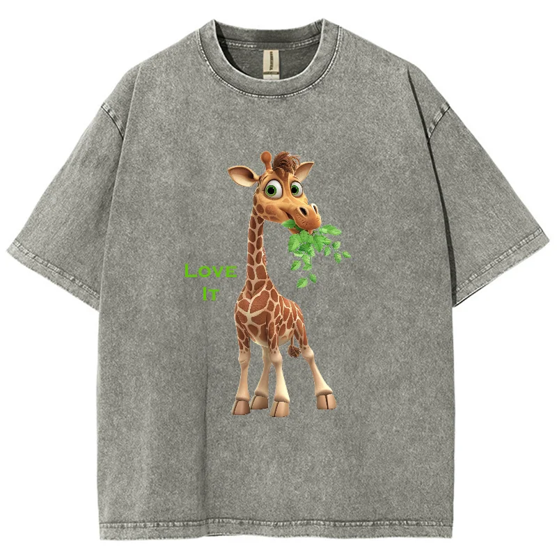 Vintage Crew Neck T-Shirt Fashionable And Cute Giraffe Print Trend Loose Ins Style Shoulder Drop Designer New Short Sleeves