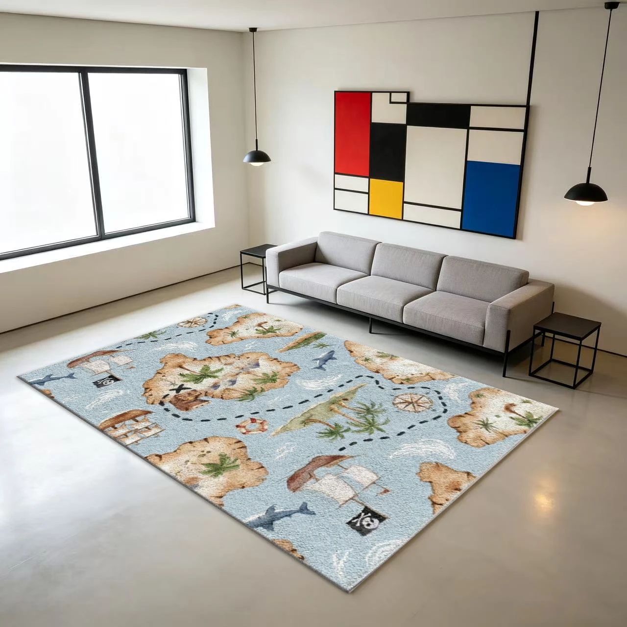Pirate Treasure Map Children's Rug Island Palm Tree Sailboat Shark Adventure Style Children's Play Carpet
