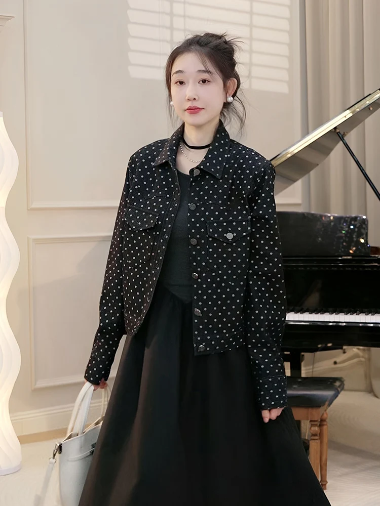 

OUDOEE Retro Polka Dot Denim Jaet Women's Spring 2026 Design Sensation Small ence Turn-down Collar Top