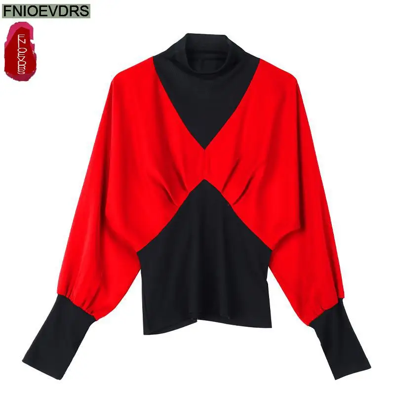 S-4XL New Year Red Green Tops Women Winter Basic Wear Turtleneck Collar Retro Vintage French Design Shirts Peplum Tops Blouses