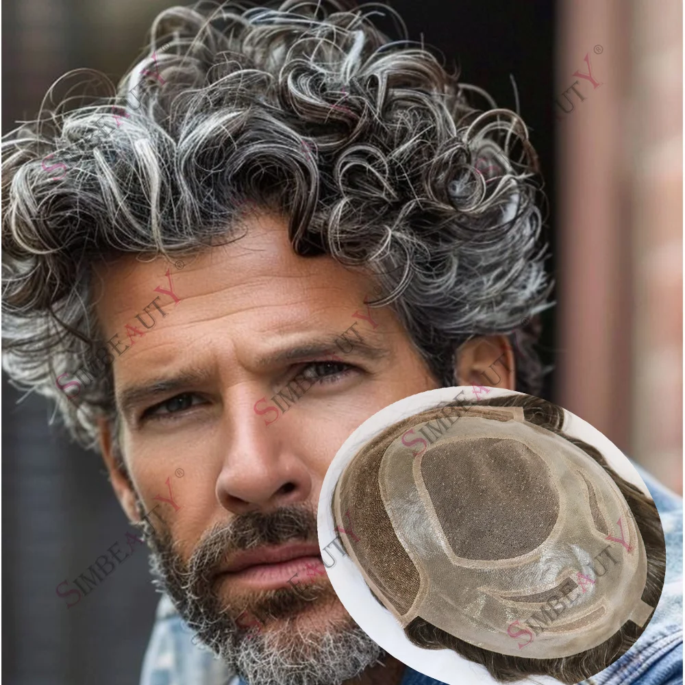 

Ventilated Lace Front 25mm Curly Human Hair Versalite Men's Toupee 1b50# 350# Black Grey Hair Bleach Knots Capillary Prosthesis