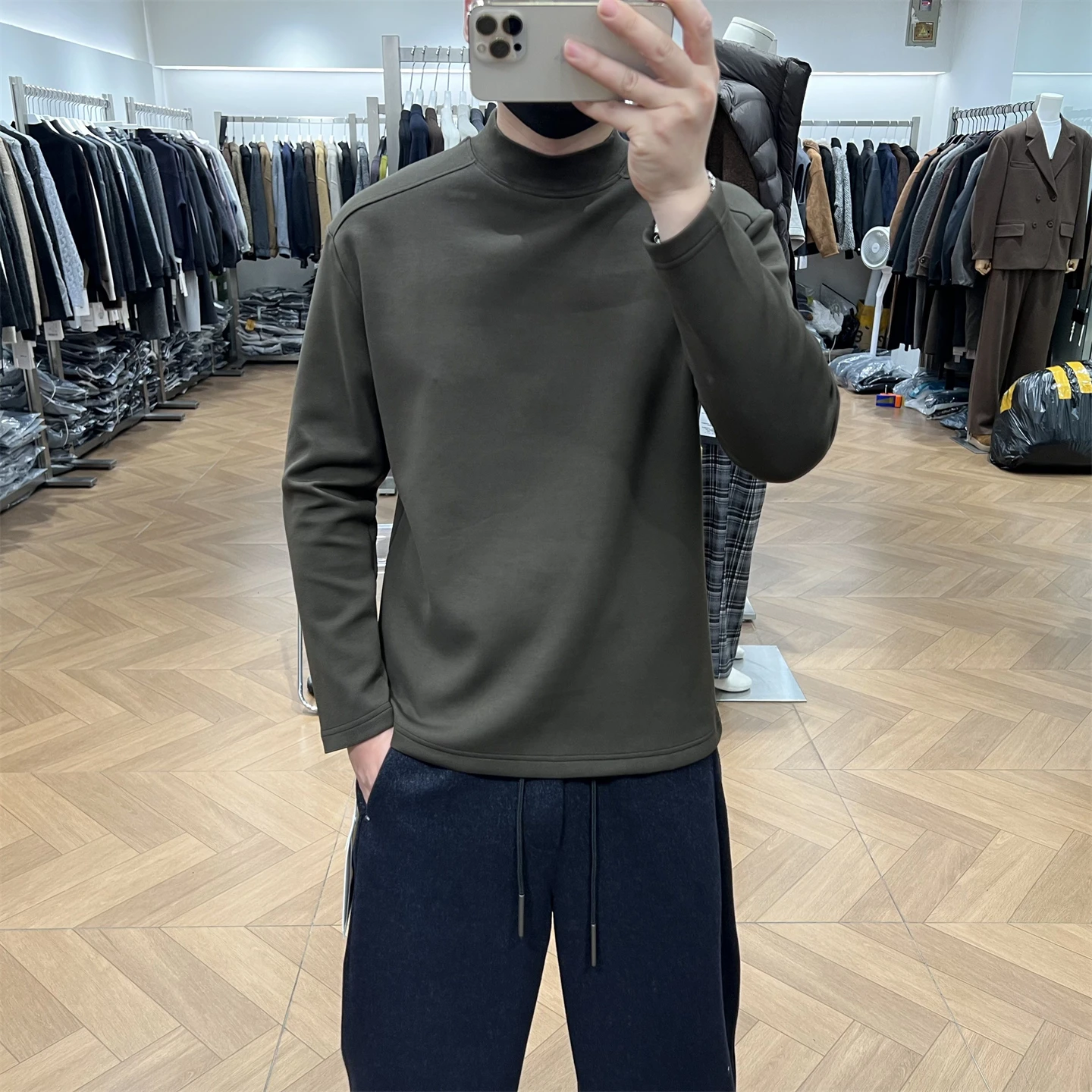 

Мужская осенне-зимняя футболка из модала и хлопка с высоким воротником, однотонная, на подкладке, в американском стиле для повседневной носки