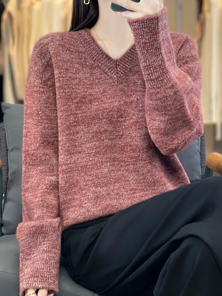 

New Chic Woman Clothes 100%Merino Wool Knitwear Casual Loose Patterned V-Neck Sweater Soft Warm Raglan Sleeve Pullover Tops 2025