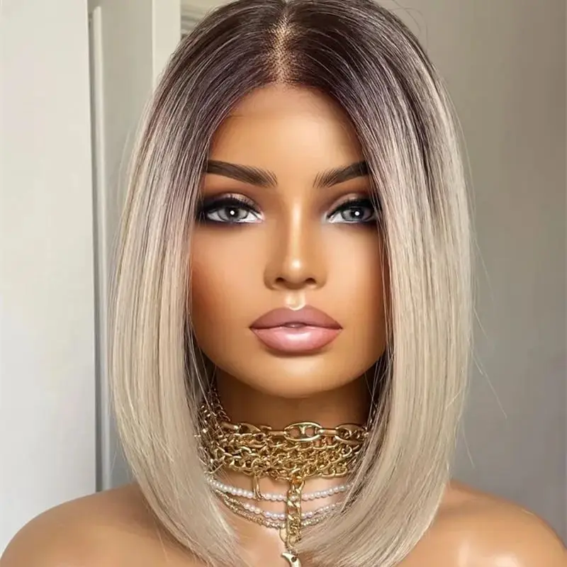 

10 Inch Short Straight Bob Platinum Blonde HD Lace Front Synthetic Wig Preplucked Realistic Hairline Realistic Natural Looking