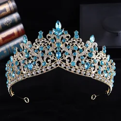 Trendy Baroque Sky Blue Rhinestone Crystal Queen Crown Wedding Tiara Women Beauty Pageant Diadem Bridal Hair Accessories Jewelry