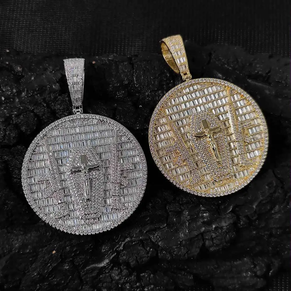 

Hiphop Iced Out Baguette CZ Jesus Pendant Necklace for Men 18k Gold Plated Religious Cross Necklaces Party Birthday Gift