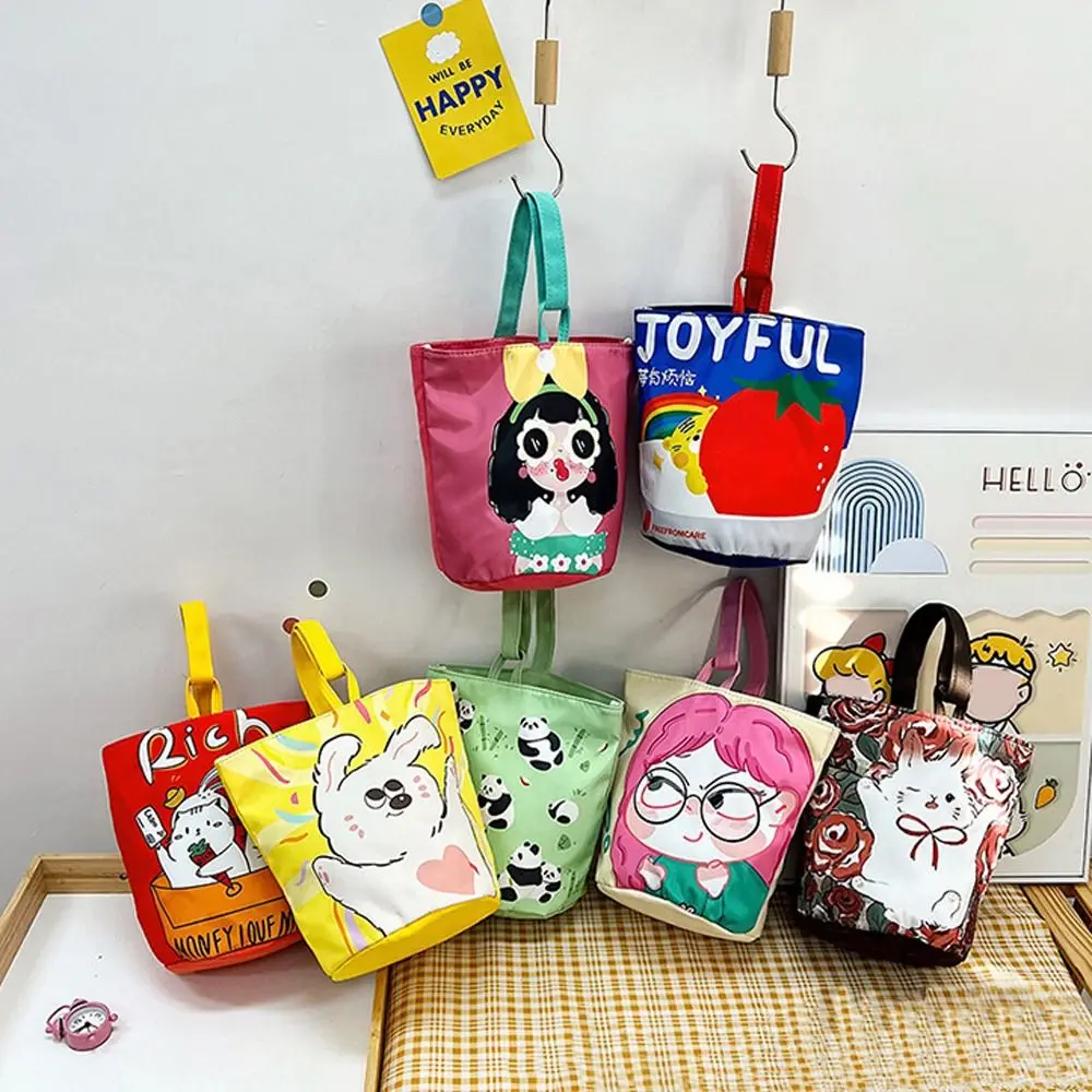 Cute Panda Cartoon Canvas Bucket Bag Cartoon Girl Cat Canvas Cat Shoulder Bag Strawberry Shopping Bag Ins Style Tote Bag Outdoor
