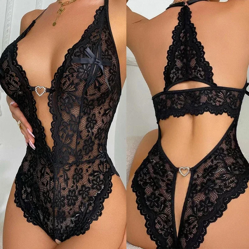 

Black Erotic Crotchless Lingeries For Women Hollow Underwear Set Plus Size Deep V Open Bra Baby Doll Dress Sexy Lingerie Sets