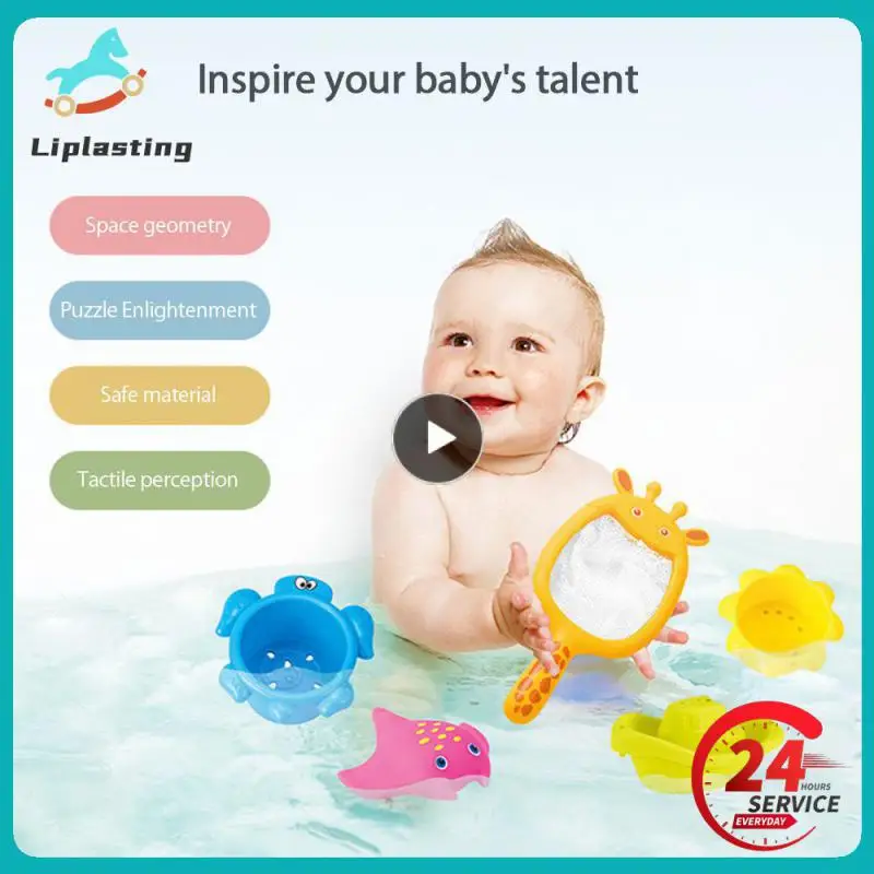 

Children's Fun Ocean Stacking Cups Boat Fish Vinyl Parent-child Bathing Bath Toys Early Educational Intelligence Toy