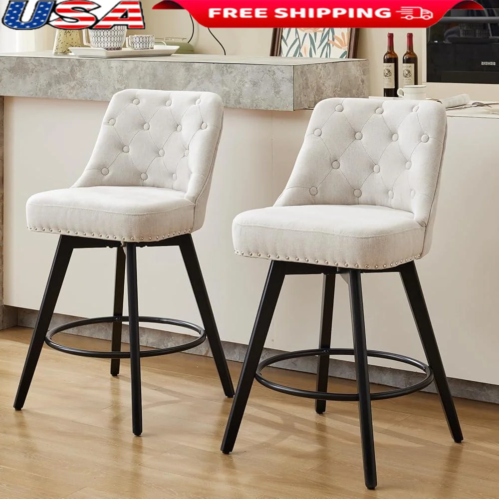

Set of 2 Swivel Bar Stools Modern Design with Button Tufted Back Upholstered Seat Solid Wood Legs