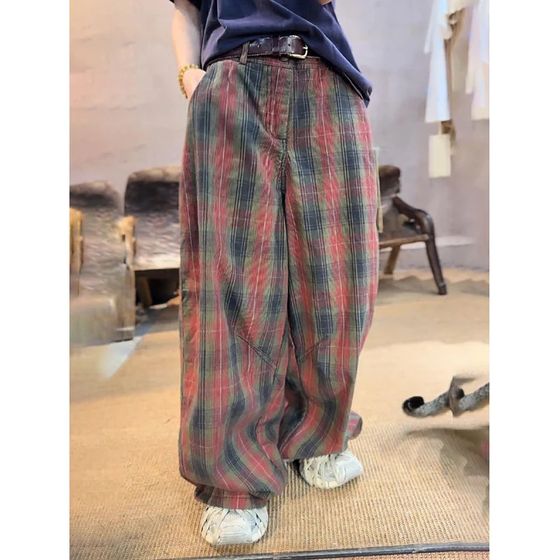 Style coréen 2025 nouveauté été femmes mode pleine longueur pantalon décontracté ample fermeture éclair mouche taille Plaid jambe large pantalon T131