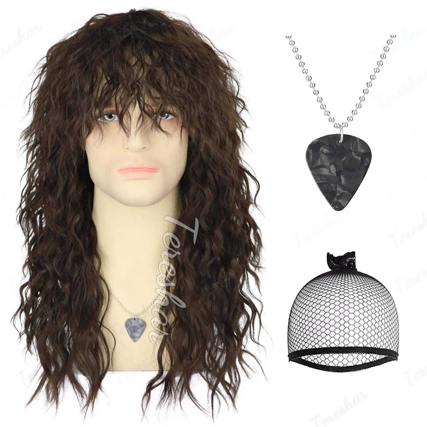 Pelucas sintéticas de salmonete marrón de los años 80 para hombre, peluca de balancín de Metal Punk de pelo masculino, peluca de disfraz Eddie para uso en fiestas de Halloween, peluca multicolor