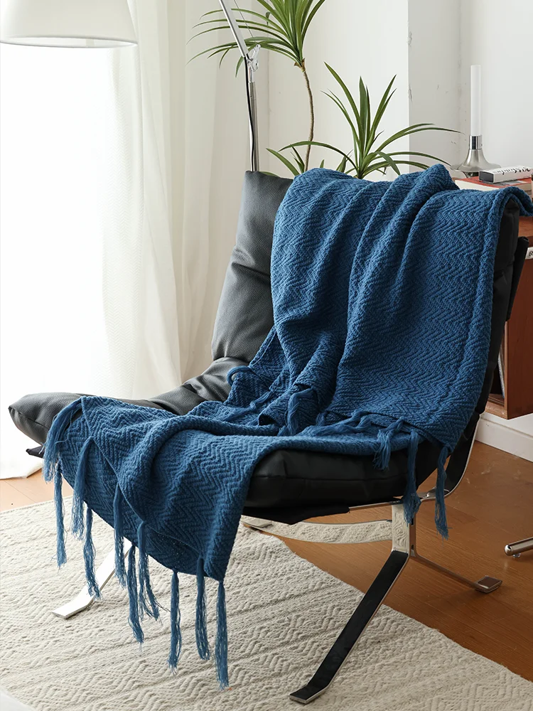 

Nordic Style Knitted Blanket Casual Nap Sofa Decor Coverlet New Navy Blue Sample Room Drape Towel Bedroom Spring Autumn Use