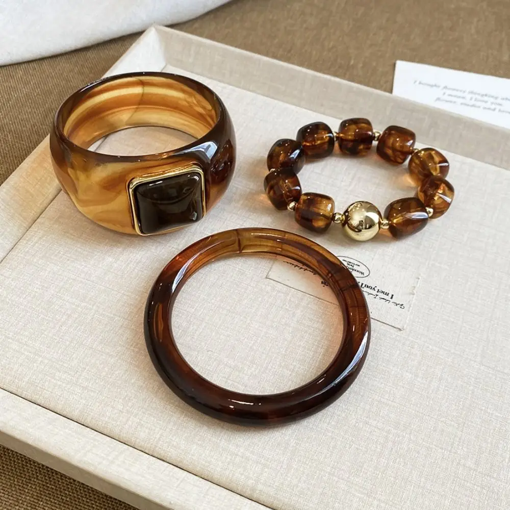 3 Pcs/Set Resin Acrylic Resin Bangle Set Square Round Vintage Finish Acrylic Chunky Cuff Ombre Dye Boho Style