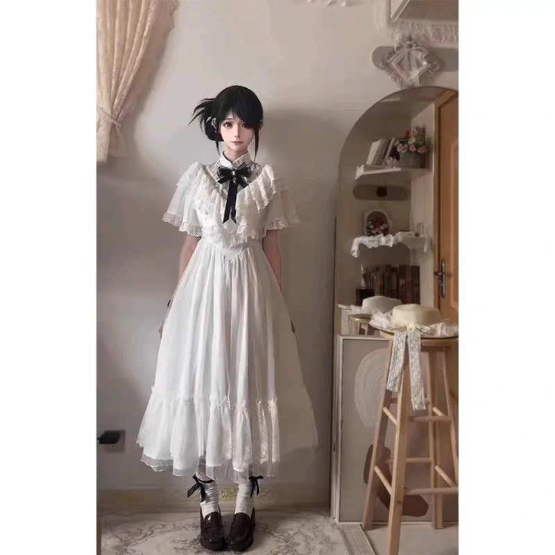 

MEXZT Vintage Bow Midi Dress Women Y2K Harajuku Lace Patchwork Dresses Summer Kawaii Lolita Cloak Sleeve Bodycon Design Vestidos
