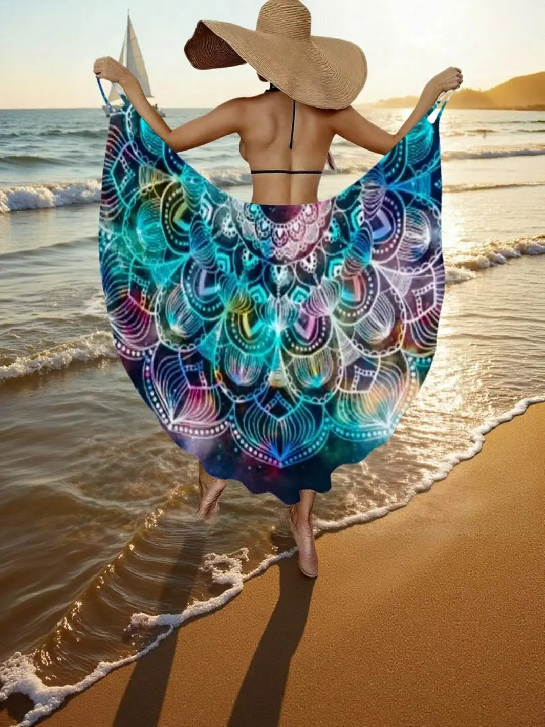 

Women's Cover-Up Dress with Off-Shoulder Design, Lotus Pattern, Spaghetti Straps, Backless Summer Beachwear, Pool Beach Dress, Wrap Skirt, Seaside Vacation Slip Dress