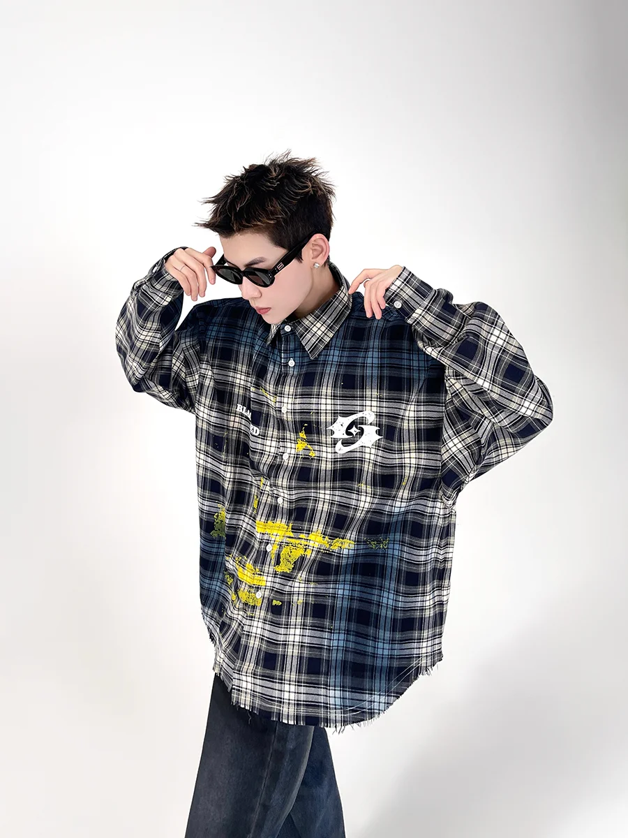 2025 Spring and Autumn New American Style Men's Retro Paint Splatter Print Black and White Plaid Long Sleeve Shirt