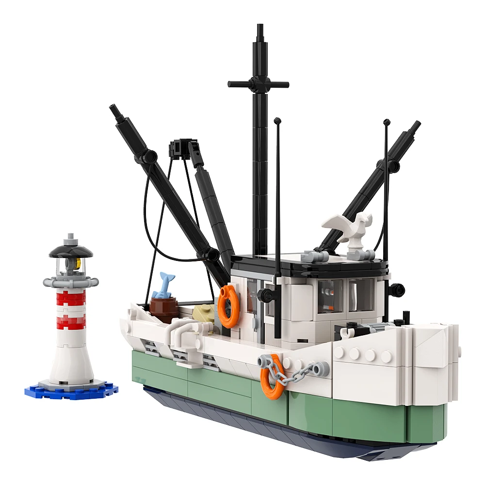 MOC Fishing Boats Building Blocks Fisherman Figures Fishing Trawler Sky Pirates Skeleton Shrimp Sailboat Bricks Educational Toy