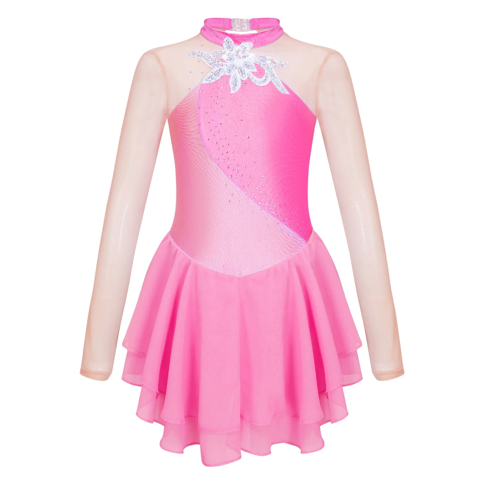 Kids Girls Long Sleeve Ice Figure Skating Dress Shiny Rhinestone Dancewear Sheer Mesh Tutu Ballet Gymnastics Dance Leotard Dress