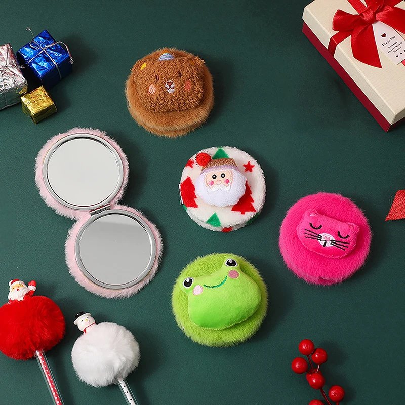 Cute Plush Mini Mirror For Girls Portable Foldable Travel Compact Pocket Make Up Round Mirror Women Student Dressing Tool