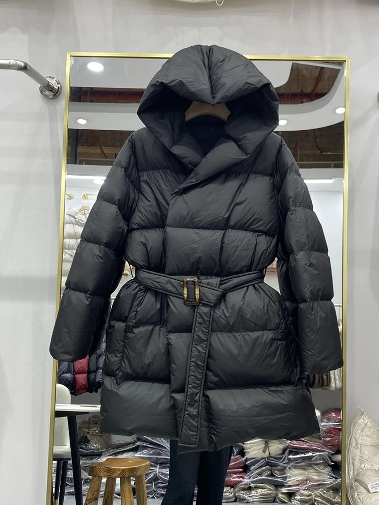 

Winter Mid Length Hooded Lace Up Down Jacket Female Thicken Warm Pocket Jackets Women White Duck Down Waterproof Parker Outwears