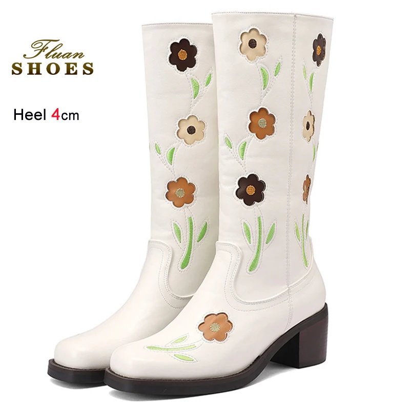 

Autumn Winter White Floral Women's Knight Boots Square Toe Cute Cowboy Mid-calf Boots Chunky Middle Heels 4cm Ladies Print Shoes