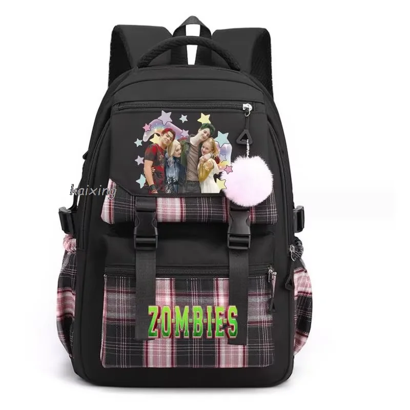 Movie Character Star Graphic Print Backpack Light Plaid Pom Pom Pendant Student School Bag Teen Girls Casual Travel Daypack