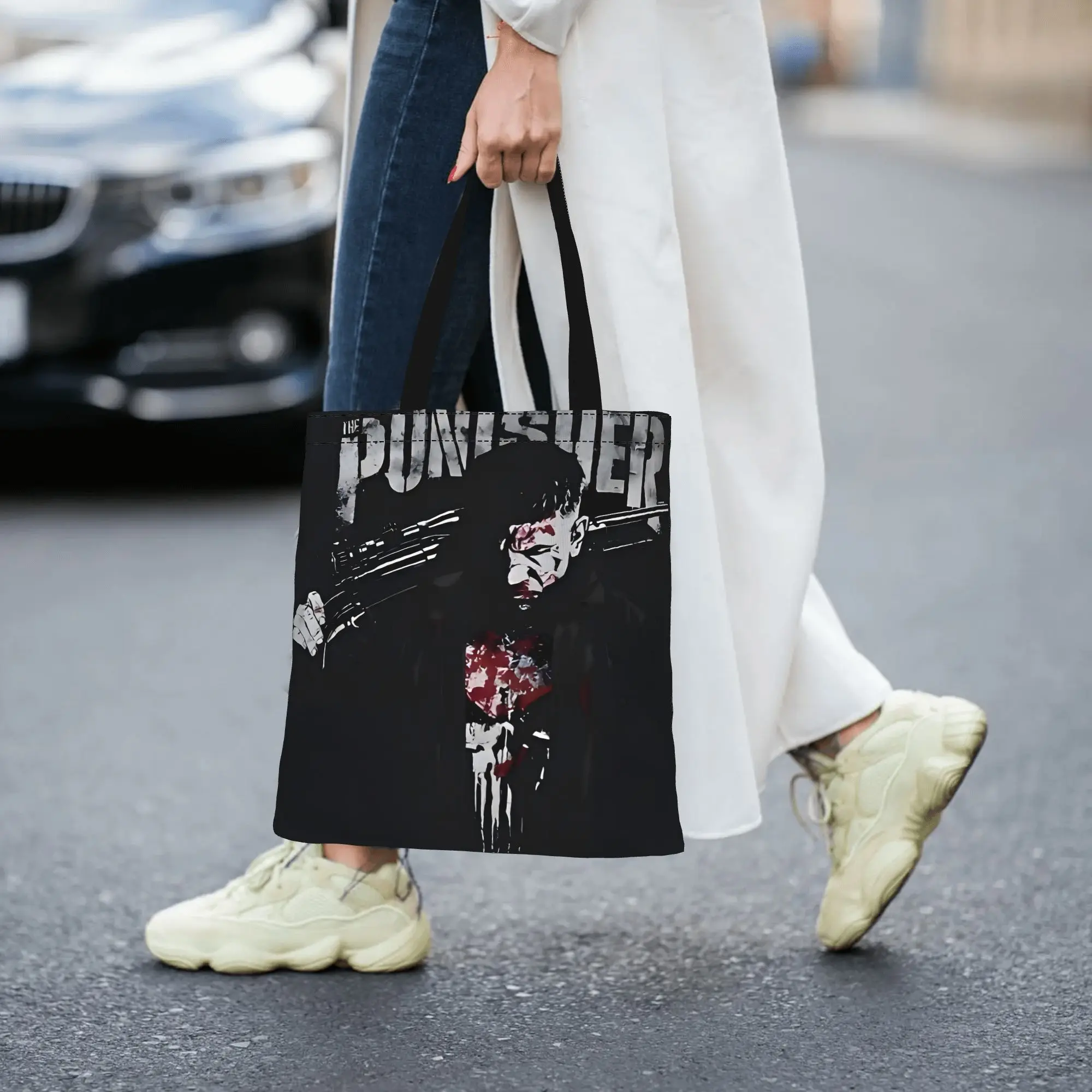 

2026 women's bag The Punisher Reusable Double Sided Canvas Tote Bag Shoulder Marvel Handbag