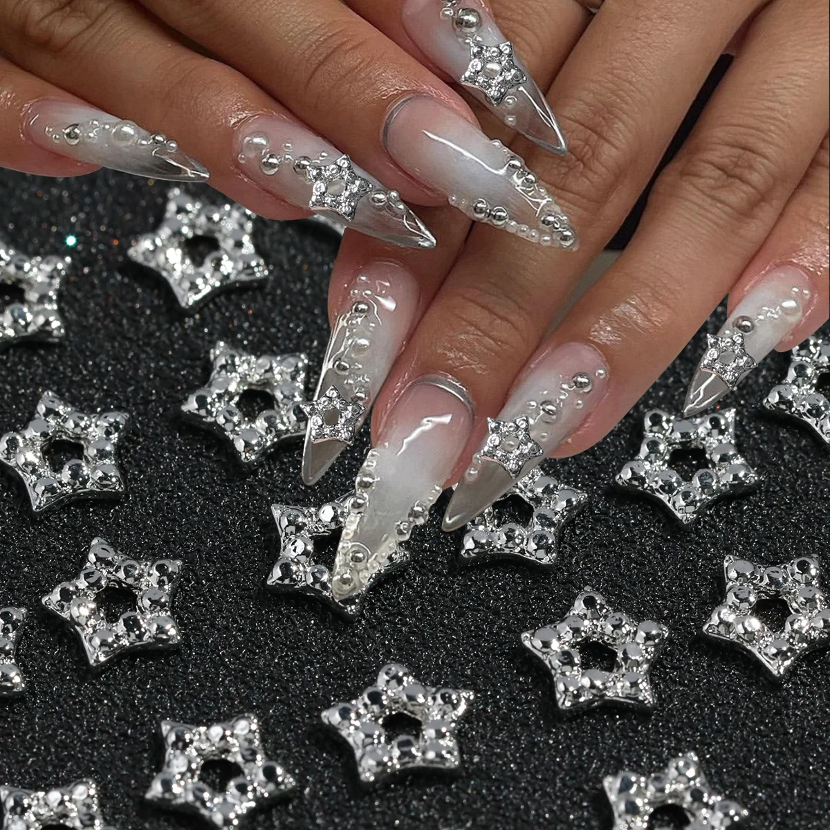 20pcs Pentagram Star Alloy Sliver Nails Art Charm Hollow Out Use For Nail Tips Design DIY Manicure Decoration Accessories