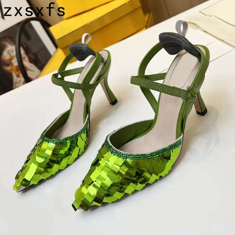 

Sexy Sequins High Heel Women Sandals Pointed Toe Ankle Strap Gldiator Sandals Summer High Heel Party Shoes Women Pumps