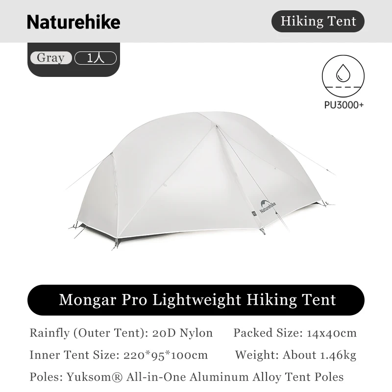 Naturehike Mongar Pro Ultralight 1-2 Persoons Tent 20D Nylon Dubbellaags Waterdicht Lichtgewicht Kamperen Wandelen 3-seizoenen Tent