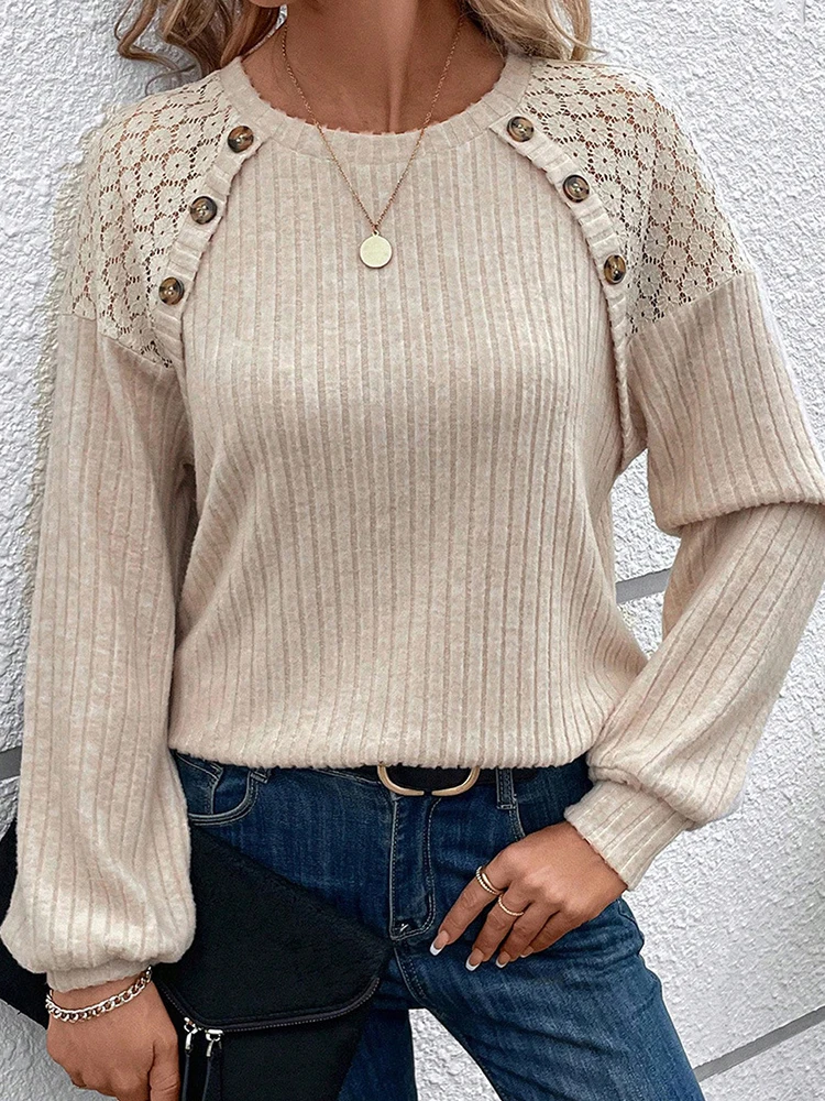 Lace Stitching T-shirt For Women Fashion Long Sleeve Tops Button Shirts & Blouses Round Neck Pulovers Youthful Woman Clothes