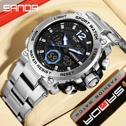 Sanda 6175 Electronic Cool Watch Waterproof Alarm Clock Multi functional Steel Band Men's Fashion Trend Watch